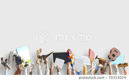 Children are holding books, toys, and a keyboard. Educational concept 70353024