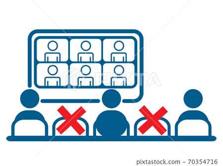 Office employees at hybrid meeting maintaining social distance during covid 19 disease pandemia 70354716