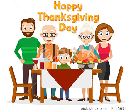 Family with roasted turkey near the table. Thanksgiving Day Family with roasted turkey near the table. Thanksgiving Day 70356951