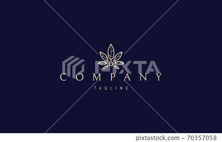 Vector golden logo on which an abstract image of cannabis leaves with a drop of oil from below. 70357058