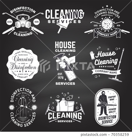 Set of Disinfection and cleaning services badge, logo, emblem. Vector For professional disinfection and cleaning company. Vintage typography design with disinfectant and cleaning equipments Set of Disinfection and cleaning services badge, logo, emblem. Vector For professional disinfection and cleaning company. Vintage typography design with disinfectant and cleaning equipments 70358259