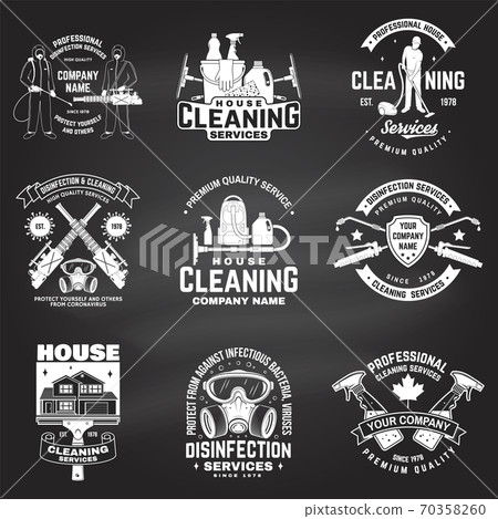 Set of Disinfection and cleaning services badge, logo, emblem. Vector For professional disinfection and cleaning company. Vintage typography design with disinfectant and cleaning equipments 70358260