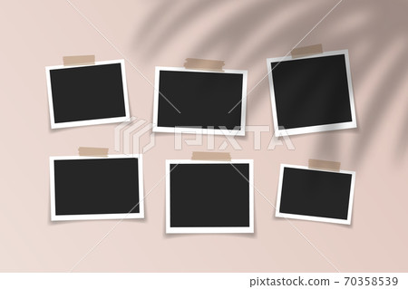 Collection of realistic blank photo frames with adhesive tape, trendy tropical shadow overlay effect. Mockup design. Vector illustration Collection of realistic blank photo frames with adhesive tape, trendy tropical shadow overlay effect. Mockup design. Vector illustration 70358539