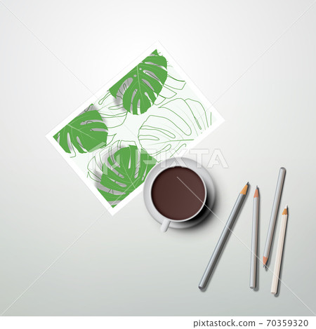 Cup of coffee, pencils and painting with tropical plants. Home office concept, study or freelance, working from home. 70359320