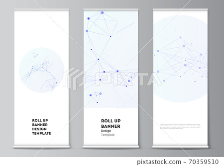 Vector layout of roll up mockup templates for vertical flyers, flags design templates, banner stands, advertising design mockups. Blue medical background with connecting lines and dots, plexus. 70359510