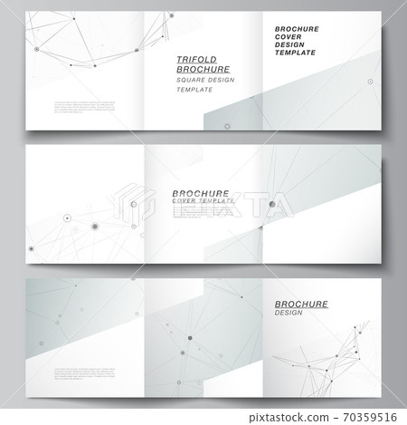 Vector layout of square covers templates for trifold brochure, flyer, cover design, book design, brochure cover. Gray technology background with connecting lines and dots. Network concept 70359516