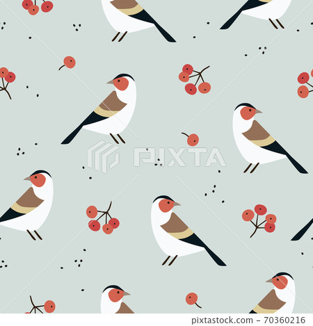 Beautiful Christmas seamless pattern with European goldfinch birds and rowan berries. Cute Scandinavian winter design for scrapbooking, gift paper wrapping and textile. 70360216