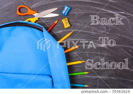Back to school shopping backpack, The Accessories in student blue bag on blackboard 70361628