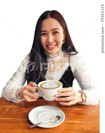 Portrait of young beauty enjoying her coffee on white background 70363124