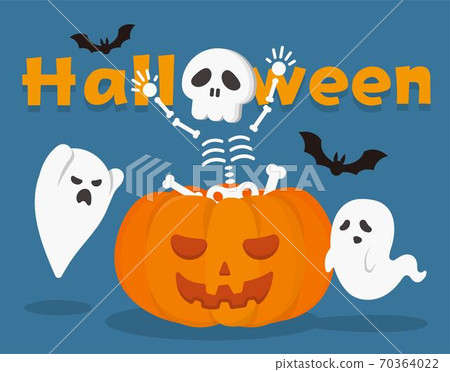 Happy Halloween pumpkins with ghosts and skeletons, cartoon comic vector illustration, card 70364022