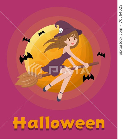 Halloween witch riding a broom in the night sky, cartoon comic vector illustration Halloween witch riding a broom in the night sky, cartoon comic vector illustration 70364025