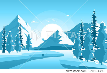 Winter Snow Pine Mountain Frozen Lake Nature... - Stock Illustration ...