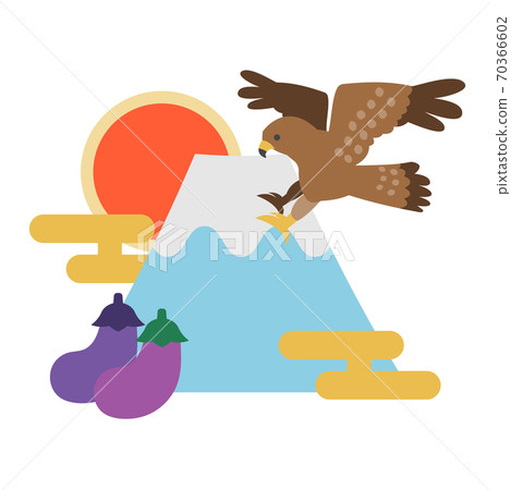 新年賀卡，一隻富士，兩隻鷹，三個茄子，插圖素材 70366602