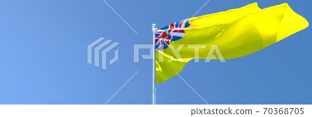 3D rendering of the national flag of Niue waving in the wind against a blue sky 70368705