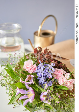 Bouquet 006, step by step installation of flowers in a vase. Flowers bunch, set for home. Fresh cut flowers for decoration home. European floral shop. Delivery fresh cut flower. 70369512