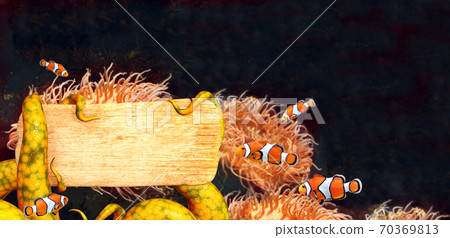 Sea anemones, clownfish and tentacles of octopus, holding a wooden board Sea anemones, clownfish and tentacles of octopus, holding a wooden board 70369813