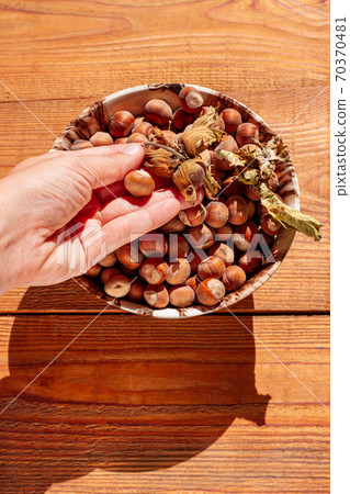 Hazelnuts in porcelain bowl on rustic wooden background. Raw fresh homegrowing nuts from house garden, weight loss diet. 70370481