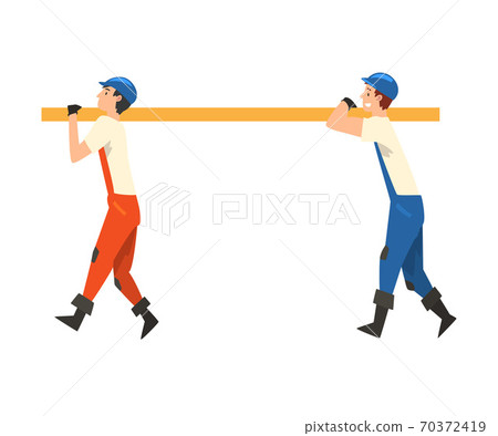 Two Construction Workers Carrying Wooden Plank for Construction of New Building, Male Builder Character Wearing Uniform and Protective Helmet Building House Cartoon Vector Illustration Two Construction Workers Carrying Wooden Plank for Construction of New Building, Male Builder Character Wearing Uniform and Protective Helmet Building House Cartoon Vector Illustration 70372419