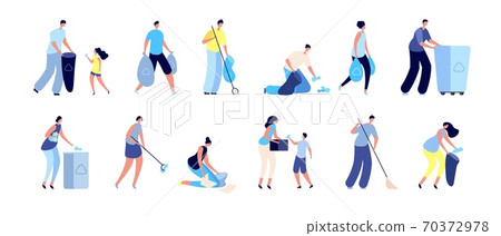 People collect garbage. Trash recycling, family with bin waste containers. Man woman cleaning separating trash, caring environment vector set 70372978
