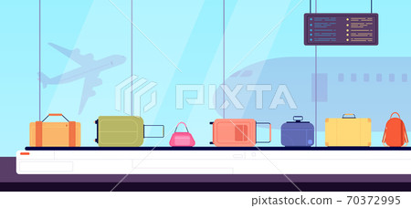 Luggage on belt. Flat color suitcases, airport conveyor and vacation baggage. Cartoon bag checking in arrival terminal vector illustration 70372995