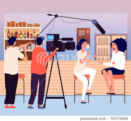 Woman interview in bar. Vlog or bloggers, video content for social media. Videographer and journalist, girls talking vector illustration 70373009