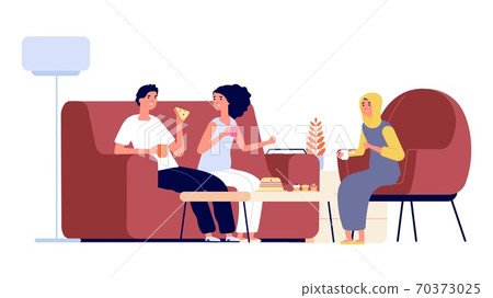 International friendship. Muslim woman and european couple drink tea together. Happy multicultural people, different nationality are friends vector illustration 70373025