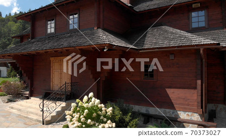 Beautiful railings and small stairs of wooden church. 70373027