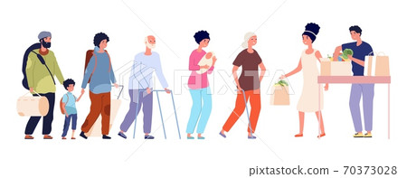 Food donations. Poor people, refugees and single mother with newborn, elderly in queue for humanitarian aid. Volunteering and charity vector concept 70373028