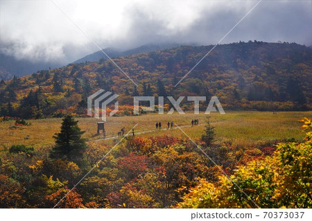 登山者在栗駒山的殘餘中行走 登山者在栗駒山的殘餘中行走 70373037