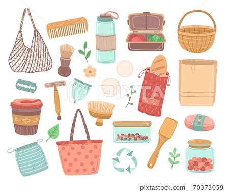 Reusable items. Zero waste, eco friendly recycle element. Isolated ecology wooden spoon, bag bottle, grocery container vector illustration 70373059
