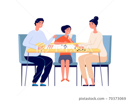 Family play board game. People playing, woman little girl man gaming at desk. Happy parents, home table top poker player vector illustration 70373069