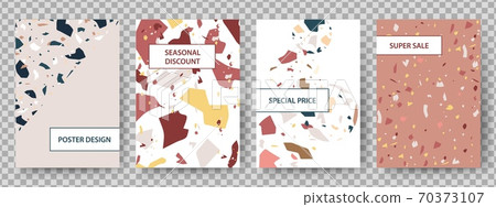 Terrazzo poster. Broken tiles abstract art background. stone pieces texture discount special price flyers. Creative marble cover card design, shopping sale banner vector template 70373107