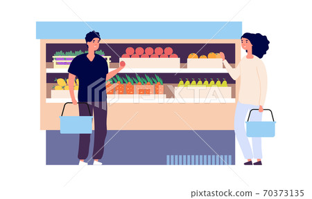Vegan store. Man woman choose veggies and fruits. Flat style grocery shop with customers. Fresh food, raw ingredients on counter vector illustration 70373135