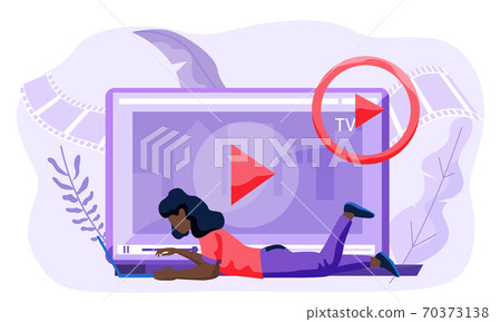 Woman with the computer is lying on floor next to screen. Monitor with video recording icon Woman with the computer is lying on floor next to screen. Monitor with video recording icon 70373138