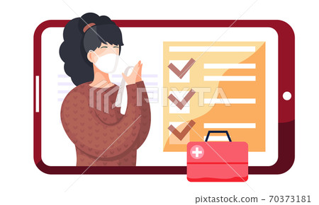 Screen of tablet with a girl in mask, checklist and a first aid kid. Quarantine conditions 70373181