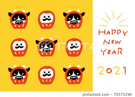 New Year's card with illustrations of Daruma and Daruma beef 2021 Ox year New Year's card with illustrations of Daruma and Daruma beef 2021 Ox year 70373296