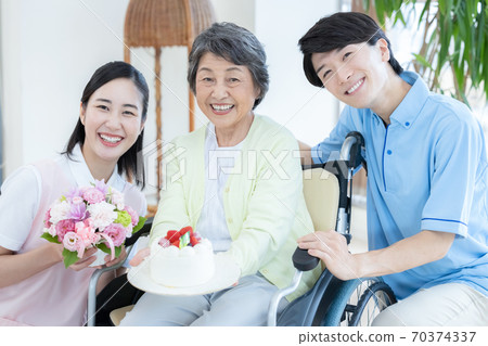 Nursing image: Senior woman having a caregiver celebrate her birthday Nursing image: Senior woman having a caregiver celebrate her birthday 70374337