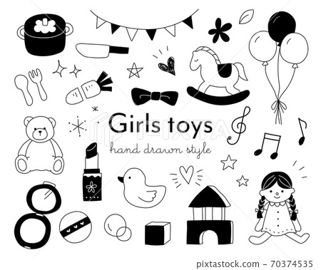 Set of hand-drawn illustrations of girls' toys / cute / kids / play / items / childcare / children / parenting 70374535
