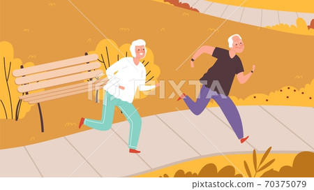 Elderly running in autumn park. Happy seniors characters, outdoor fall activity. Healthy lifestyle vector illustration 70375079
