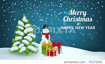 Christmas snowy background. Snowman gifts x-mas tree, new year festive banner vector illustration 70375081