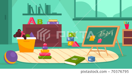 Kindergarten room. Kids playroom with toys, ball and books furniture without children. Preschool class empty nursery interior, playground and education area vector flat illustration 70376795