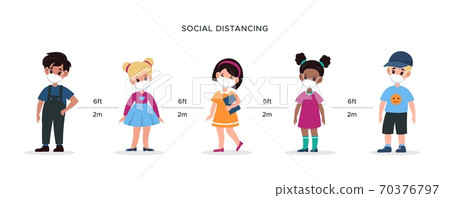 Social distance. Back to school kids wearing masks and safe distancing prevent virus, coronavirus protective stop spread Covid-19 new lifestyle beware epidemic flat vector illustration 70376797
