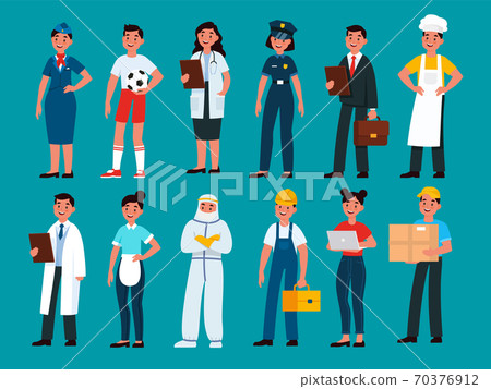 Professionals. Builder and policeman, stewardess and waiter, chef and businessman, delivery man and doctor, football player, housekeeper and engineer specialist in uniform vector character 70376912
