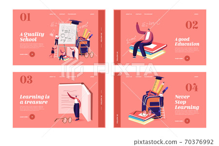 School Presentation Landing Page Template Set. Tiny Students Characters Presenting Course Work or Diploma Project 70376992