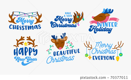 Set of Christmas Icons or Elements for Greeting Card with Deer Horns and Decoration Baubles and Garland. Xmas Holidays 70377011