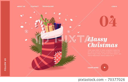 Christmas Sock with Gifts and Sweets Landing Page Template. Traditional Present from Santa, Xmas Decor for Fire Place Christmas Sock with Gifts and Sweets Landing Page Template. Traditional Present from Santa, Xmas Decor for Fire Place 70377026