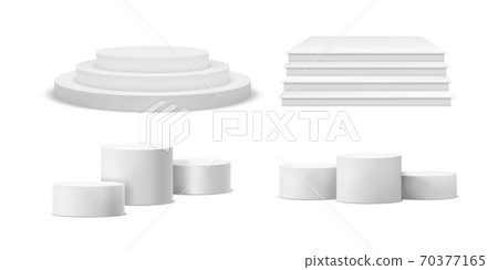 Round and square podium. Realistic winner pedestal white emty geometric pillar pedestals different forms, 3d blank blocks for presentation product and exhibition vector template Round and square podium. Realistic winner pedestal white emty geometric pillar pedestals different forms, 3d blank blocks for presentation product and exhibition vector template 70377165