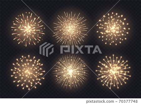 Golden fireworks collection, realistic firecracker explosions set. Festive Christmas pyrotechnic show. Golden fireworks collection, realistic firecracker explosions set. Festive Christmas pyrotechnic show. 70377748