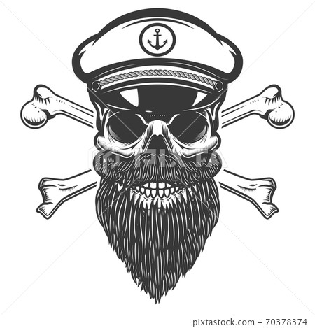 Sea captain skull with crossbones isolated on white background. Design element for emblem, sign, label, menu. Sea captain skull with crossbones isolated on white background. Design element for emblem, sign, label, menu. 70378374