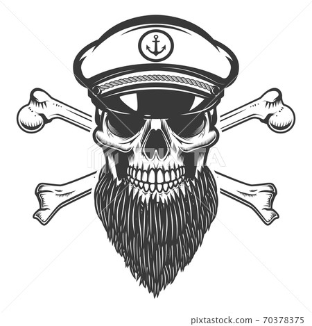 bearded sea captain skull with crossbones. Design element for emblem, sign, label, poster. Vector illustration bearded sea captain skull with crossbones. Design element for emblem, sign, label, poster. Vector illustration 70378375